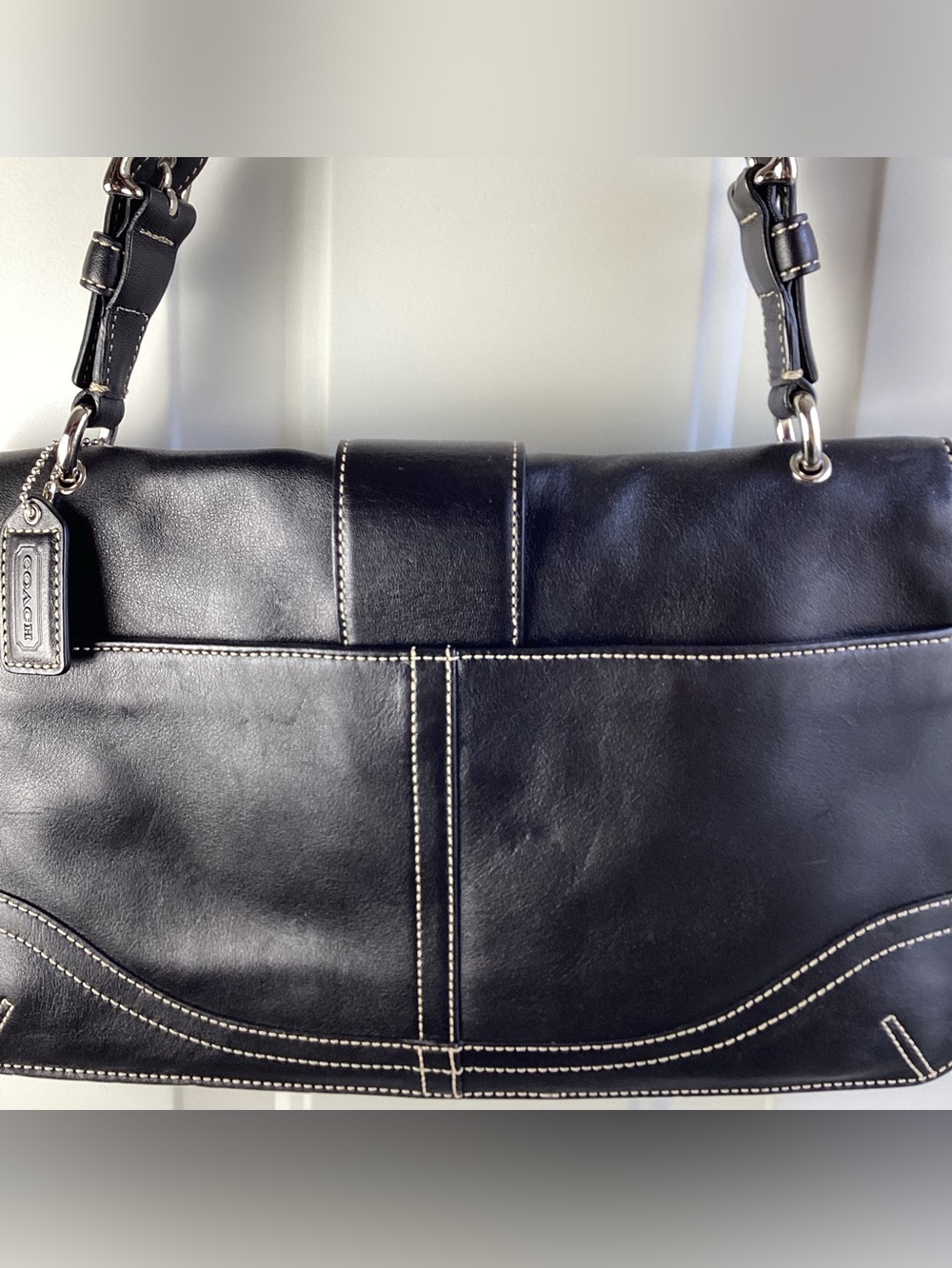 Coach Black Leather Shoulder Bag with Silver Hardware Flap-Over Closure - Picture 6 of 9